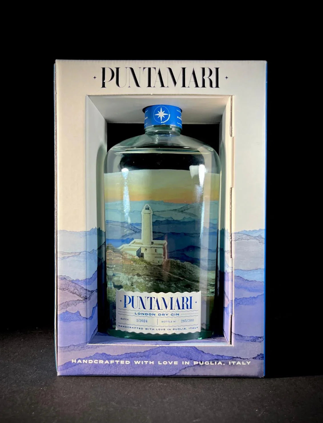 Confezione regalo del gin artigianale italiano Puntamari, London Dry pugliese in astuccio eco-friendly