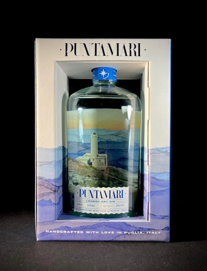 Confezione regalo del gin artigianale italiano Puntamari, London Dry pugliese in astuccio eco-friendly