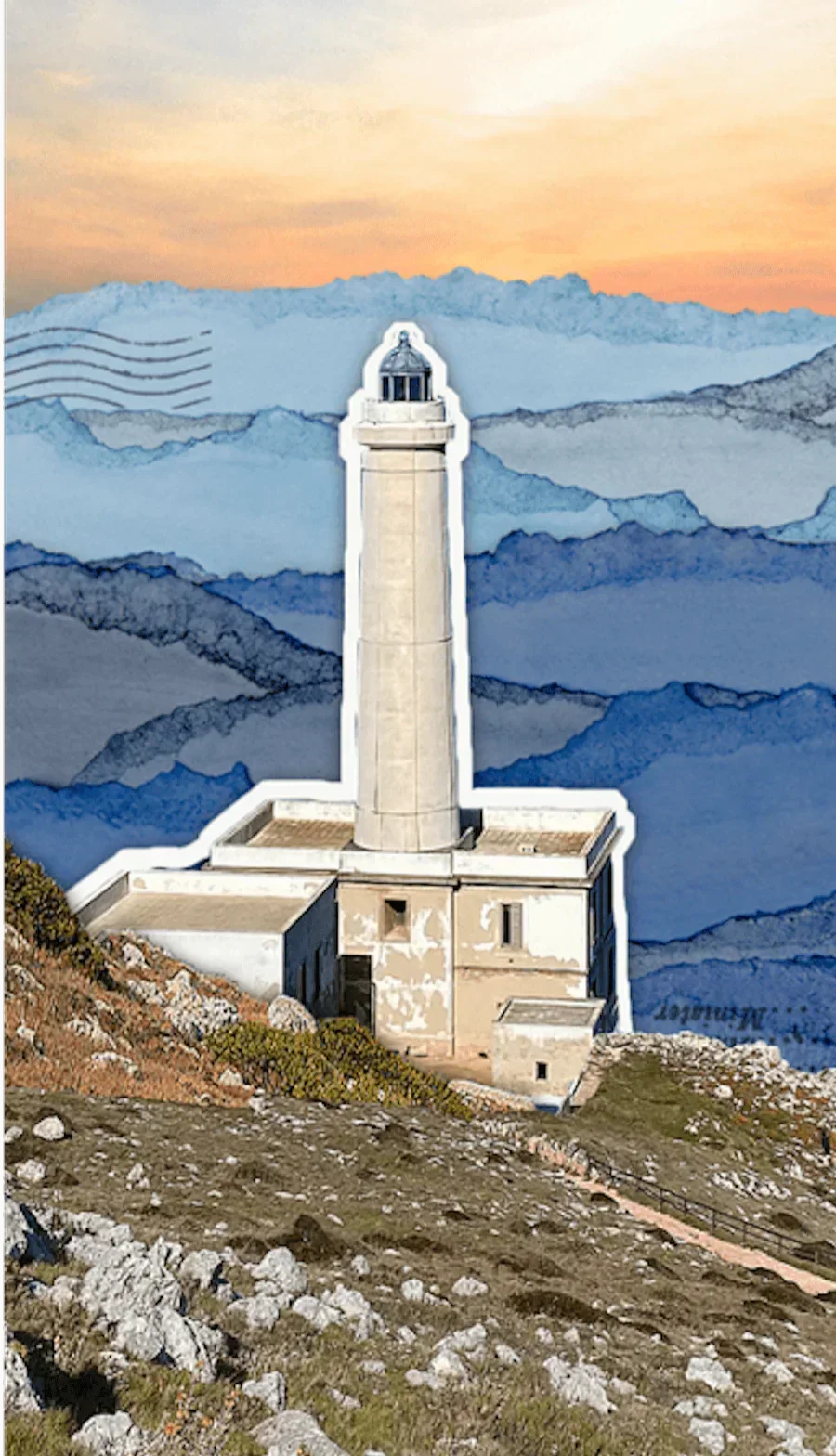 Grafica dell'etichetta del Gin Puntamari che raffigura il paesaggio costiero pugliese e lo stile mediterraneo del brand