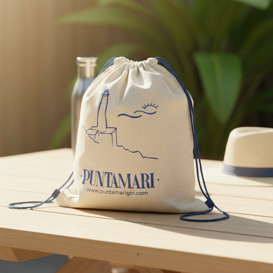 Sacca in cotone naturale 100% brandizzata Puntamari, packaging eco-friendly per un gin sostenibile italiano del Salento