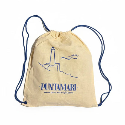 Sacca in cotone 100% naturale con logo Puntamari, accessorio eco-friendly per il gin artigianale italiano del Salento
